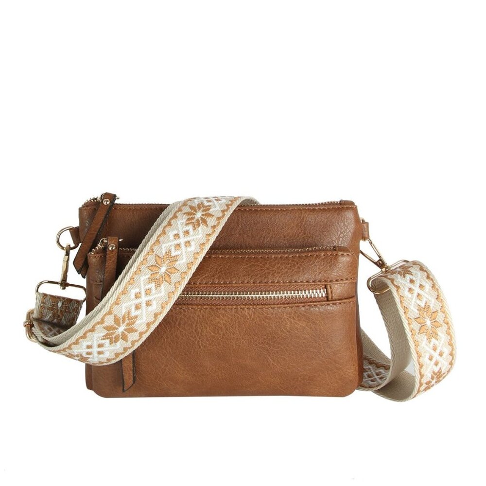 Brown Multi Zip Pocket Crossbody With Guitar Strap
